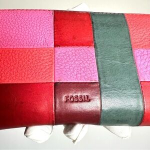 Vintage Fossil Colour Block Red Pink Leather Zip Around Long Wallet Slots Hobo